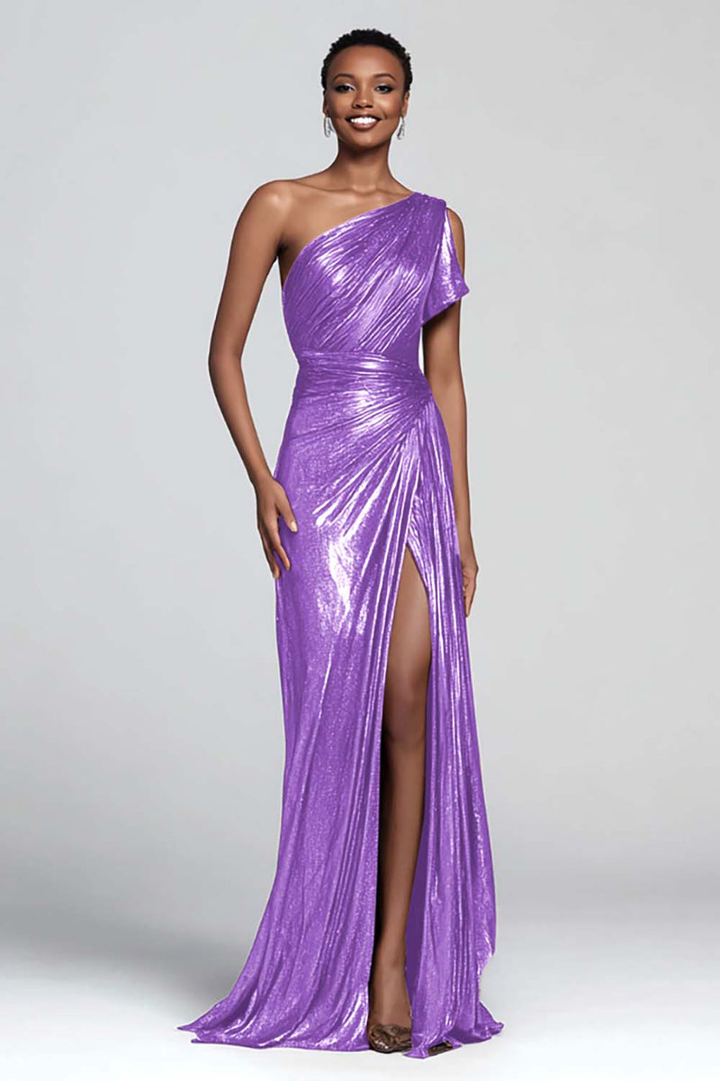 Load image into Gallery viewer, Sparkly Brown Mermaid One Shoulder Metallic Long Formal Dress with Slit