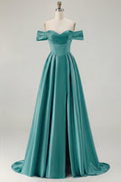Load image into Gallery viewer, Blue A Line Off the Shoulder Satin Long Prom Dress with Slit
