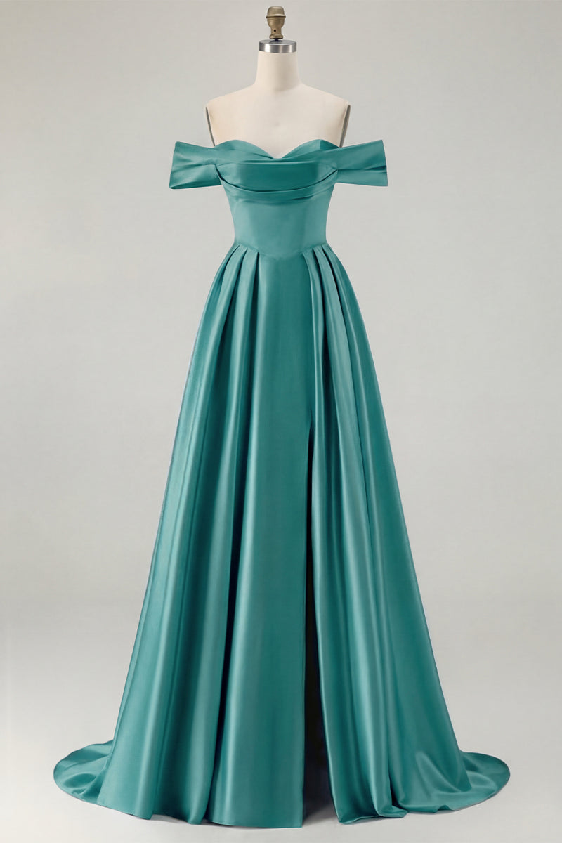 Load image into Gallery viewer, Blue A Line Off the Shoulder Satin Long Prom Dress with Slit