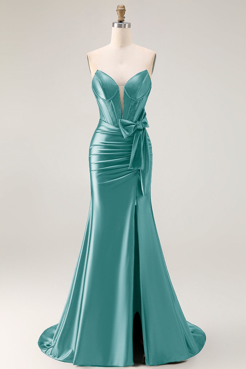 Load image into Gallery viewer, Navy Mermaid Strapless Corset Maxi Prom Dress with Slit