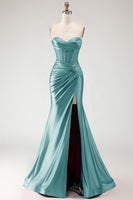 Load image into Gallery viewer, Burgundy Mermaid Satin Long Corset Prom Dress with Slit