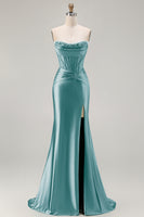 Load image into Gallery viewer, Dark Green Strapless Satin Mermaid Long Corset Prom Dress with Slit