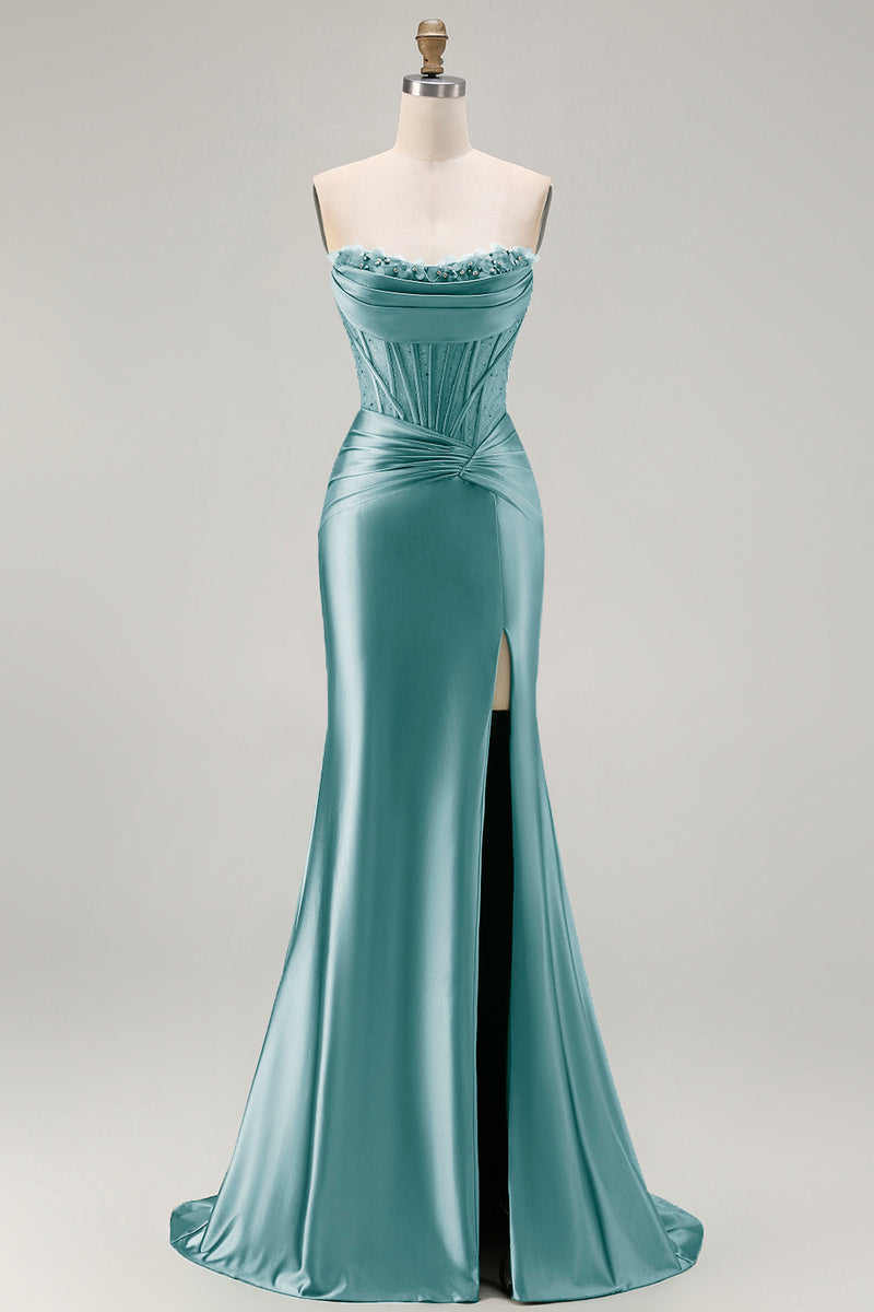 Load image into Gallery viewer, Dark Green Strapless Satin Mermaid Long Corset Prom Dress with Slit