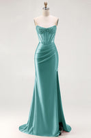 Load image into Gallery viewer, Sparkly Red Mermaid Satin Beaded Long Corset Prom Dress with Slit