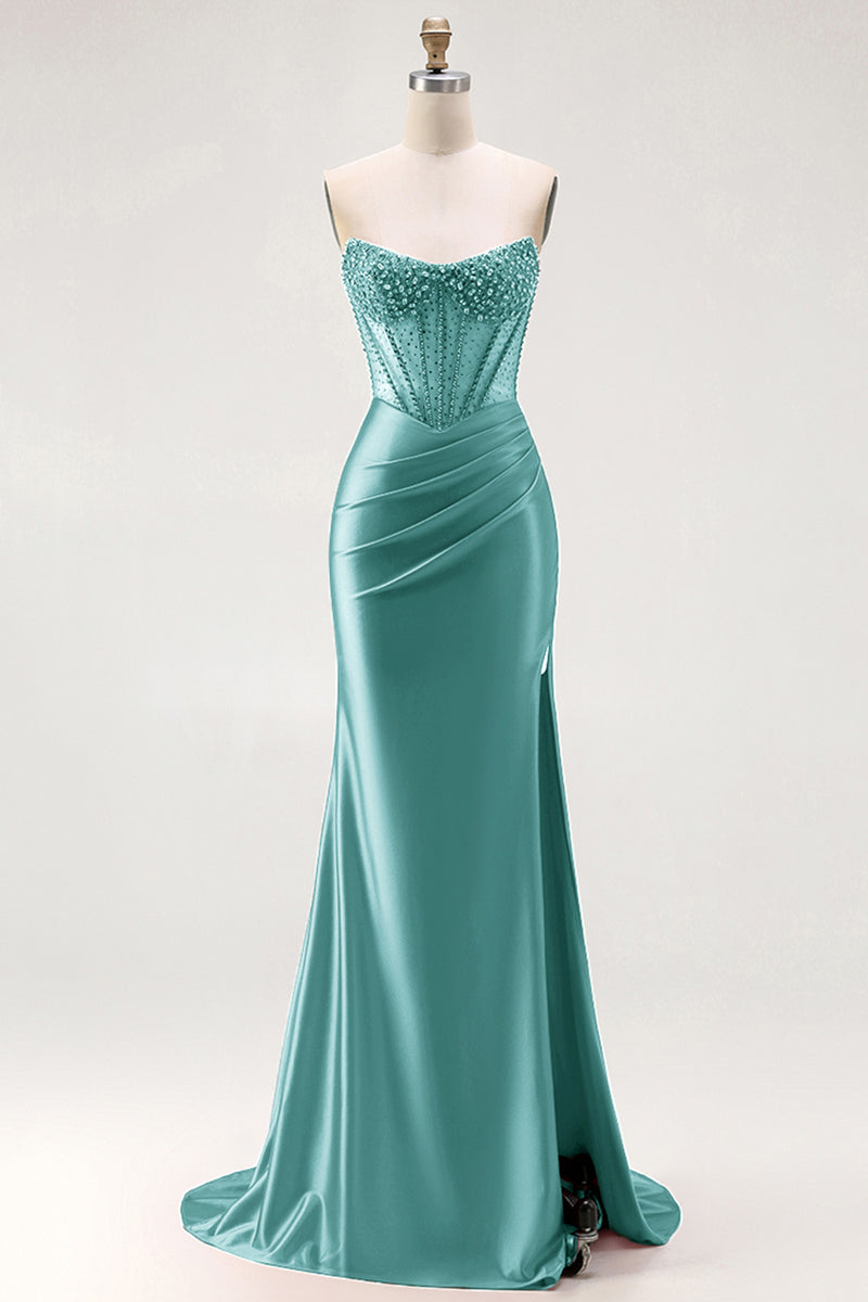 Load image into Gallery viewer, Sparkly Red Mermaid Satin Beaded Long Corset Prom Dress with Slit
