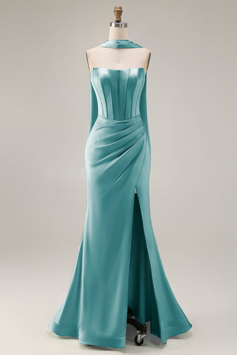 Load image into Gallery viewer, Mermaid Light Green Corset Neck Scarf Long Prom Dress with Slit