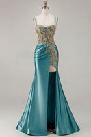 Load image into Gallery viewer, Sparkly Black Satin Floral Appliqued Long Corset Prom Dress with Slit