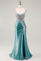 Load image into Gallery viewer, Sparkly Grey Pink Mermaid Satin Long Corset Prom Dress with Slit