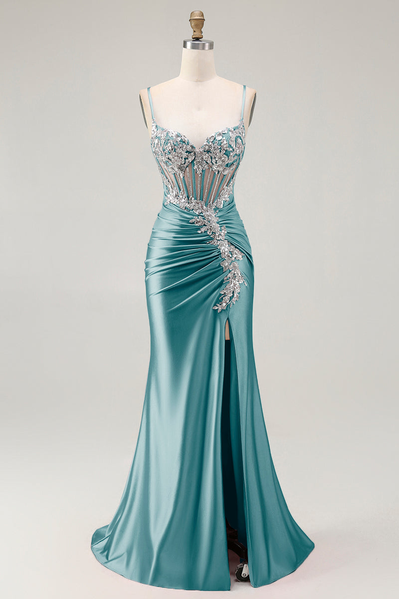 Load image into Gallery viewer, Sparkly Grey Pink Mermaid Satin Long Corset Prom Dress with Slit
