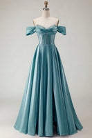Load image into Gallery viewer, Sparkly Purple A Line Beaded Satin Long Corset Prom Dress with Slit