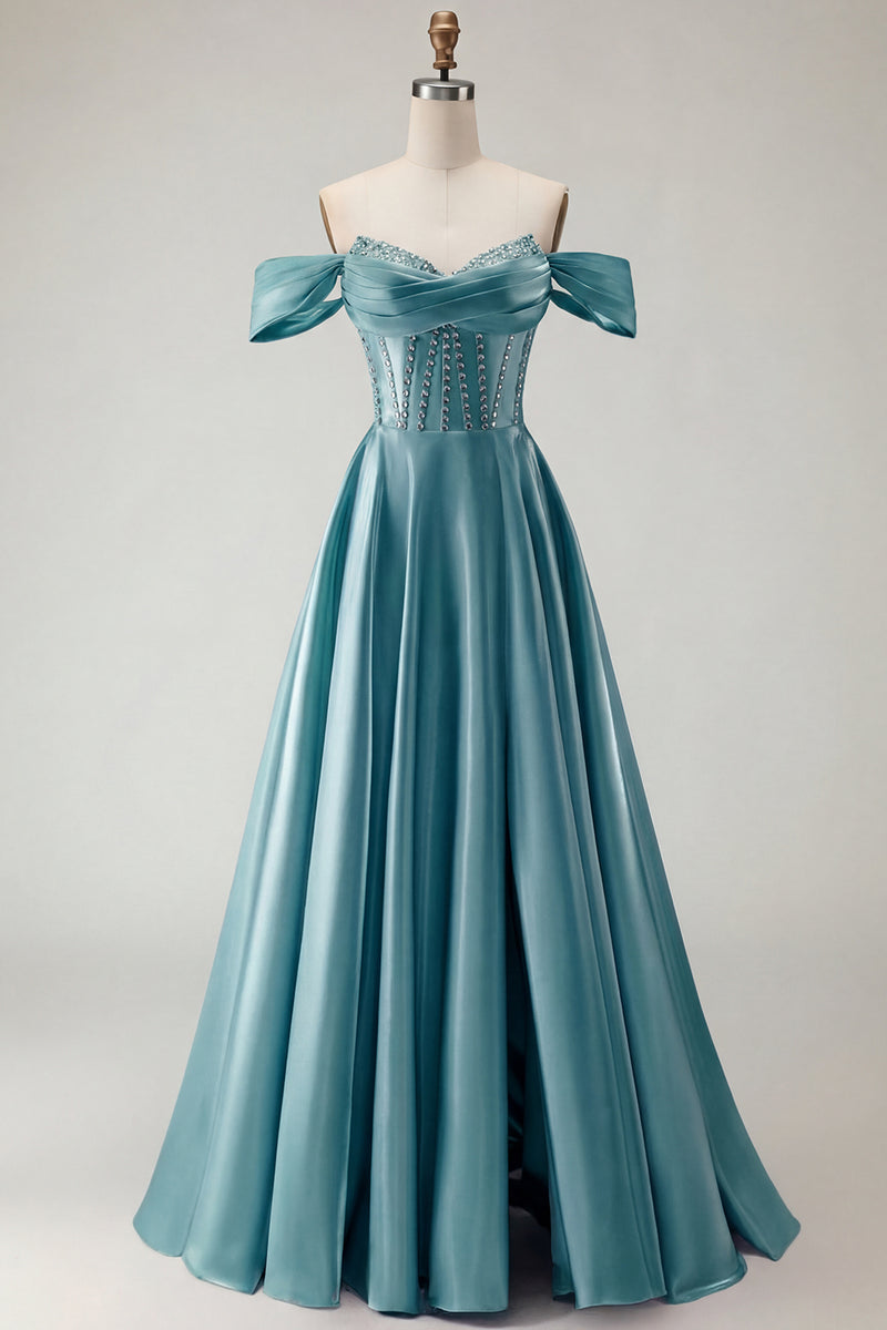 Load image into Gallery viewer, Sparkly Purple A Line Beaded Satin Long Corset Prom Dress with Slit