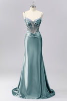 Load image into Gallery viewer, Sparkly Grey Blue Spaghetti Straps Mermaid Long Prom Dress with Beading