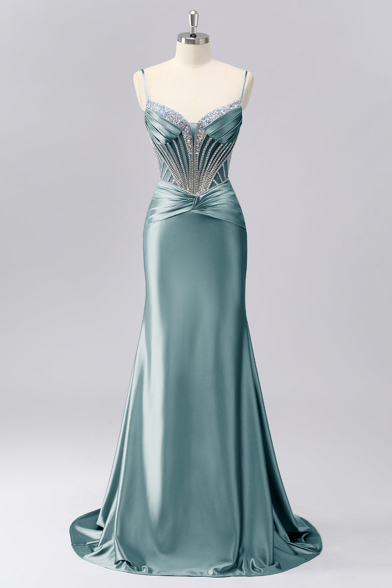 Load image into Gallery viewer, Sparkly Grey Blue Spaghetti Straps Mermaid Long Prom Dress with Beading