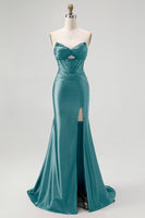 Load image into Gallery viewer, Sparkly Black Mermaid Sweetheart Satin Long Corset Prom Dress with Beading