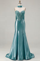Load image into Gallery viewer, Blue Satin Sweetheart Mermaid Long Corset Prom Dress