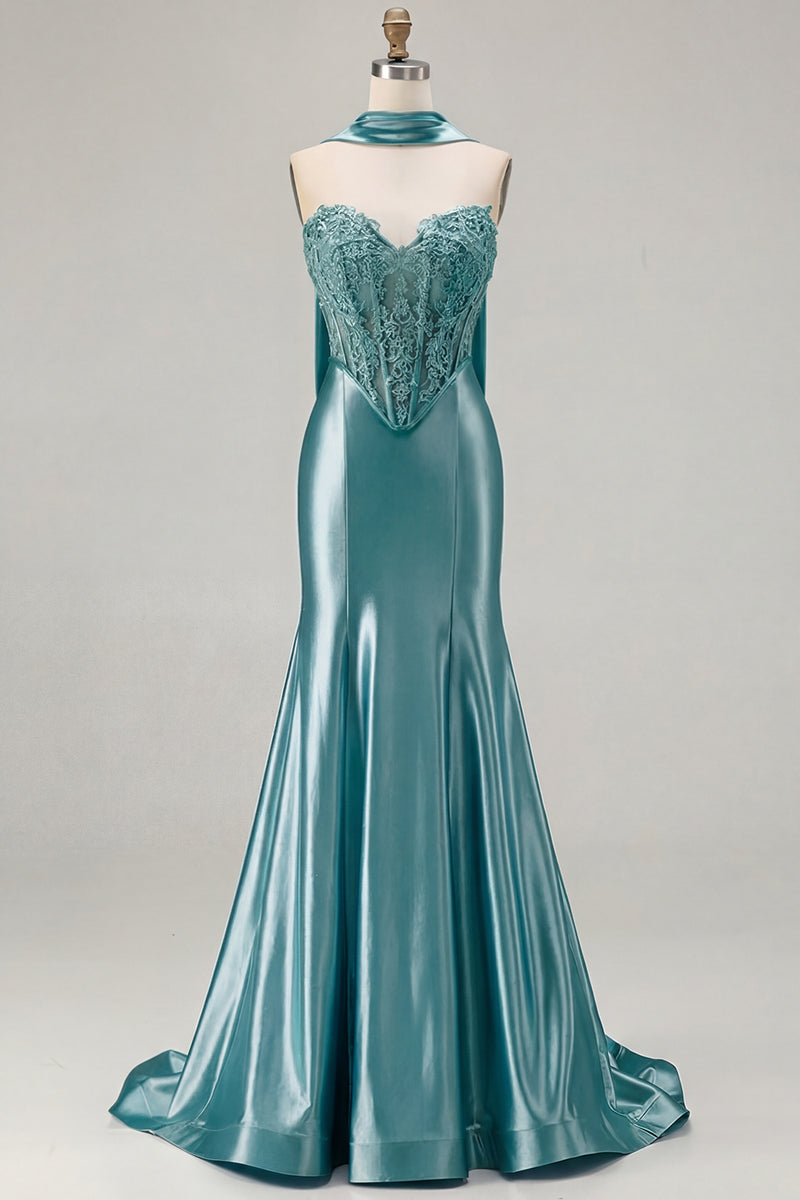 Load image into Gallery viewer, Blue Satin Sweetheart Mermaid Long Corset Prom Dress