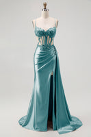 Load image into Gallery viewer, Sparkly Champagne Mermaid Satin Spaghetti Straps Long Prom Dress with Beading