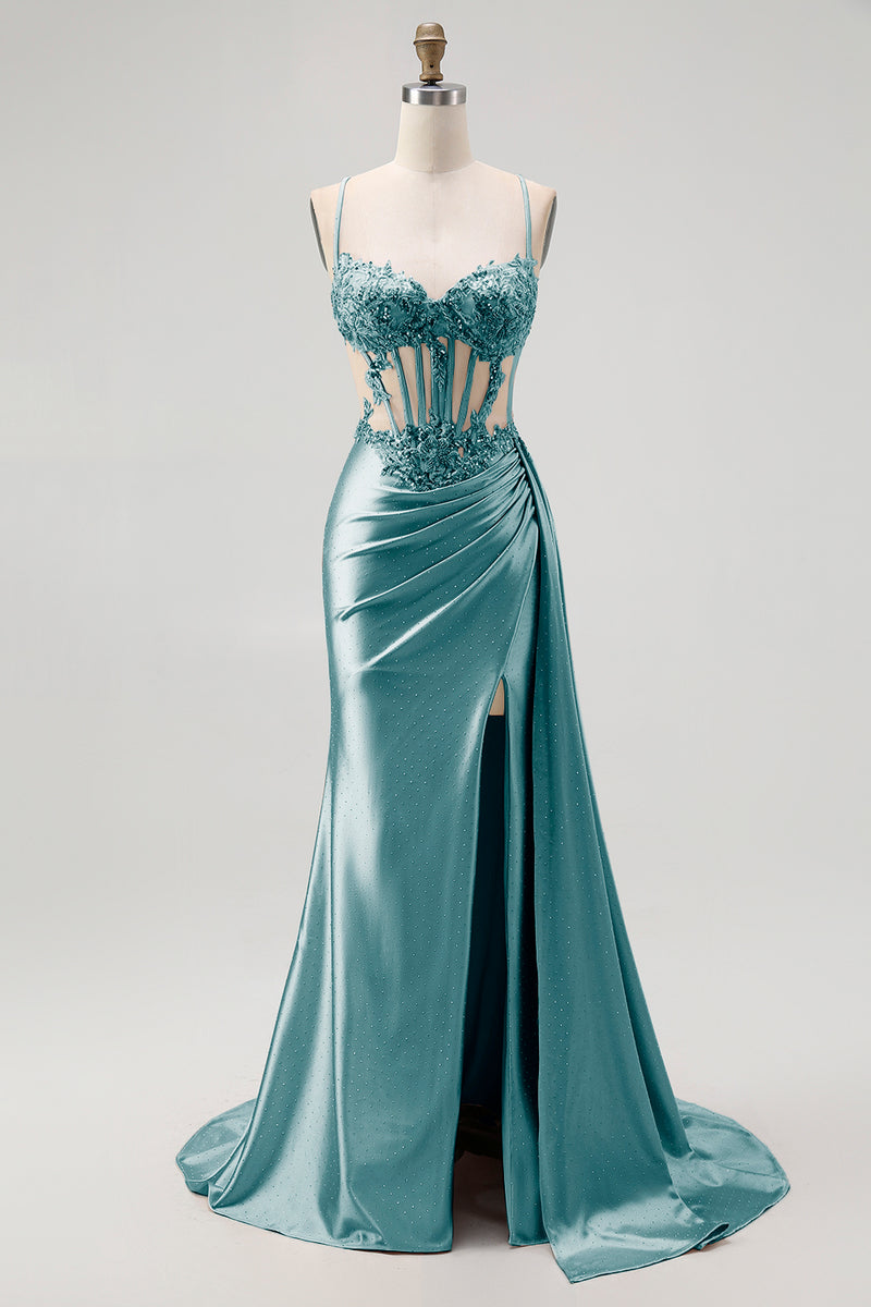 Load image into Gallery viewer, Sparkly Champagne Mermaid Satin Spaghetti Straps Long Prom Dress with Beading