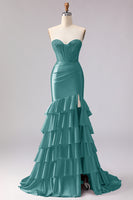 Load image into Gallery viewer, Red Satin Ruffled Mermaid Long Corset Prom Dress with Slit