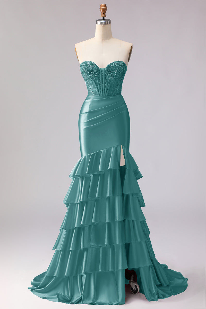 Load image into Gallery viewer, Red Satin Ruffled Mermaid Long Corset Prom Dress with Slit