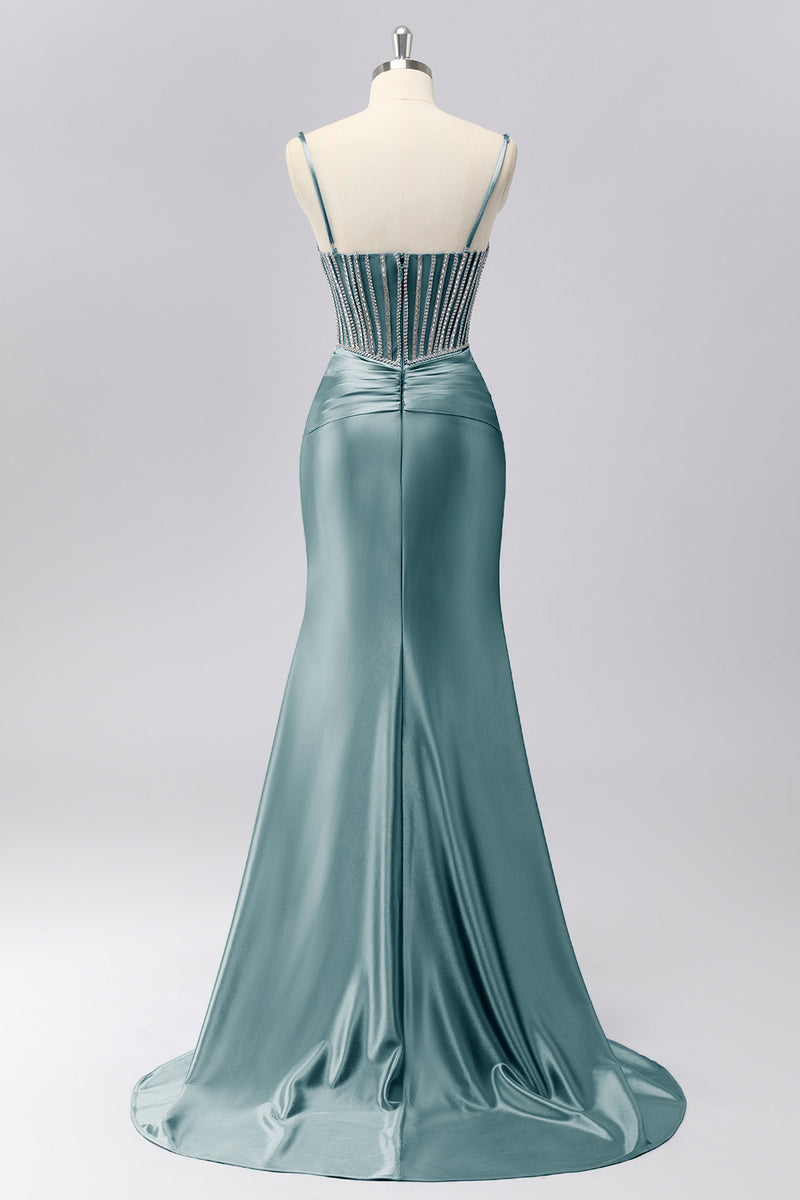 Load image into Gallery viewer, Sparkly Grey Blue Spaghetti Straps Mermaid Long Prom Dress with Beading