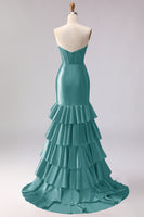Load image into Gallery viewer, Red Satin Ruffled Mermaid Long Corset Prom Dress with Slit