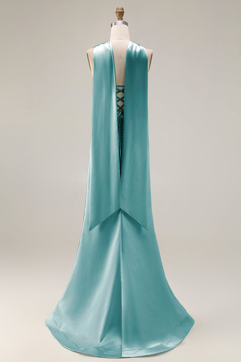 Load image into Gallery viewer, Mermaid Light Green Corset Neck Scarf Long Prom Dress with Slit