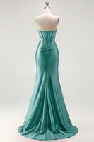 Load image into Gallery viewer, Sparkly Red Mermaid Satin Beaded Long Corset Prom Dress with Slit