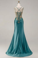 Load image into Gallery viewer, Sparkly Black Satin Floral Appliqued Long Corset Prom Dress with Slit