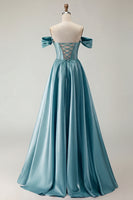 Load image into Gallery viewer, Sparkly Purple A Line Beaded Satin Long Corset Prom Dress with Slit
