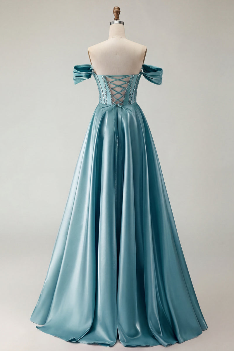 Load image into Gallery viewer, Sparkly Purple A Line Beaded Satin Long Corset Prom Dress with Slit