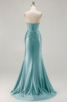Load image into Gallery viewer, Dark Green Strapless Satin Mermaid Long Corset Prom Dress with Slit