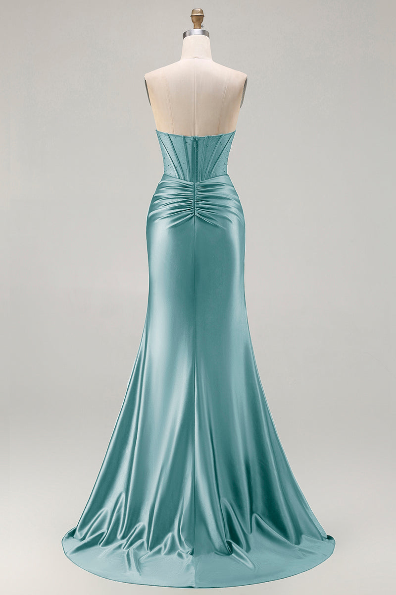Load image into Gallery viewer, Dark Green Strapless Satin Mermaid Long Corset Prom Dress with Slit