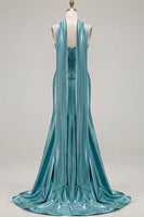 Load image into Gallery viewer, Blue Satin Sweetheart Mermaid Long Corset Prom Dress