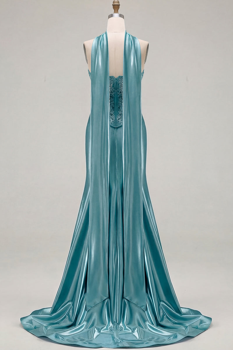 Load image into Gallery viewer, Blue Satin Sweetheart Mermaid Long Corset Prom Dress