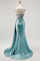 Load image into Gallery viewer, Sparkly Champagne Mermaid Satin Spaghetti Straps Long Prom Dress with Beading