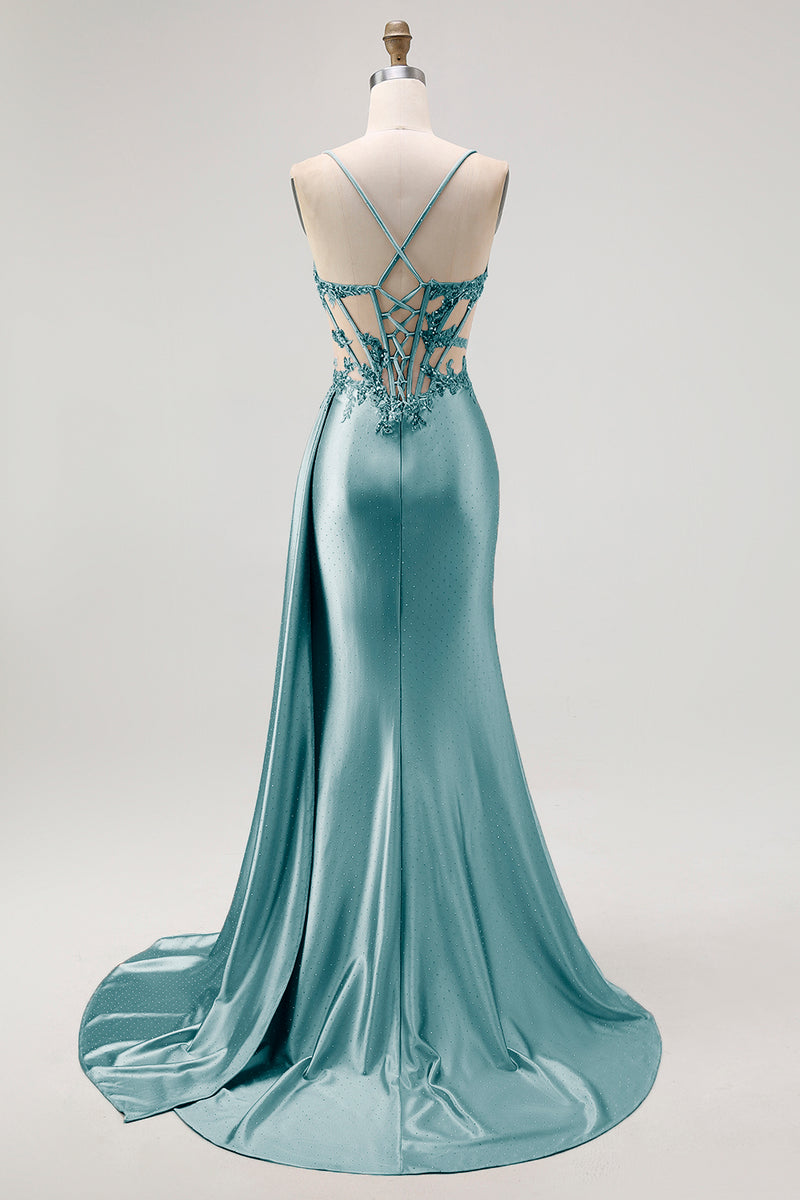 Load image into Gallery viewer, Sparkly Champagne Mermaid Satin Spaghetti Straps Long Prom Dress with Beading