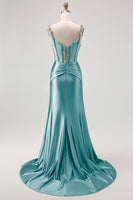 Load image into Gallery viewer, Sparkly Blush Mermaid Spaghetti Straps Satin Long Corset Prom Dress with Beading