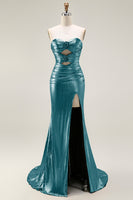 Load image into Gallery viewer, Fuchsia Long Metallic Mermaid Prom Dress with 3D Flowers