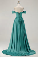 Load image into Gallery viewer, Blue A Line Off the Shoulder Satin Long Prom Dress with Slit