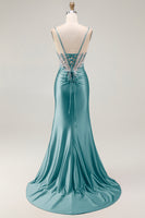 Load image into Gallery viewer, Sparkly Grey Pink Mermaid Satin Long Corset Prom Dress with Slit