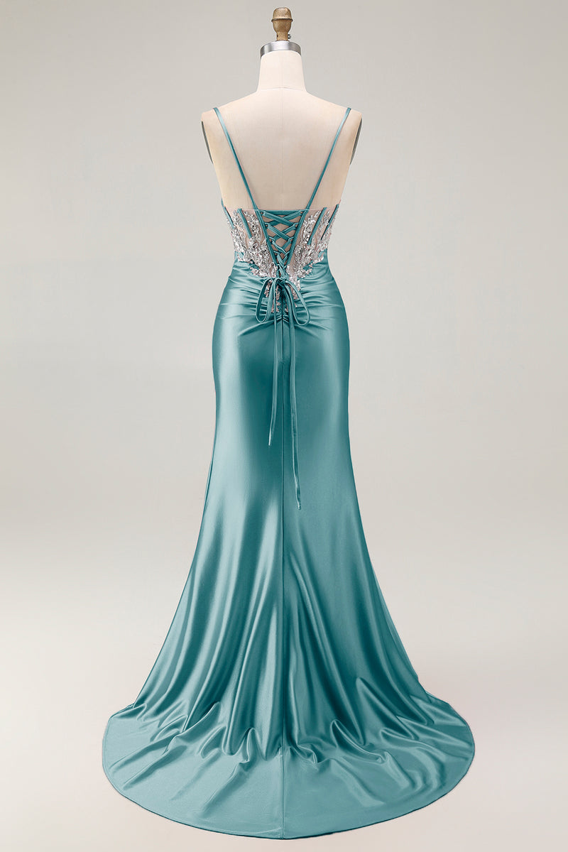 Load image into Gallery viewer, Sparkly Grey Pink Mermaid Satin Long Corset Prom Dress with Slit