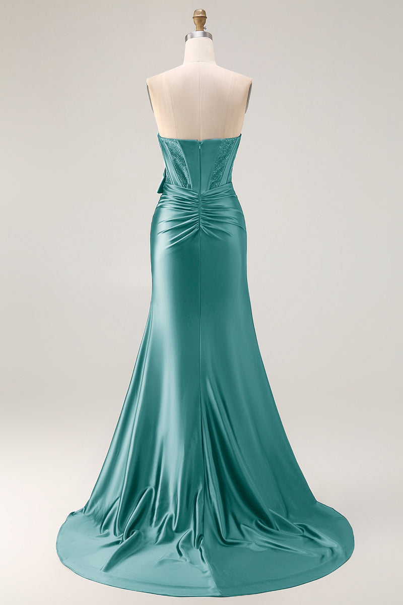 Load image into Gallery viewer, Navy Mermaid Strapless Corset Maxi Prom Dress with Slit