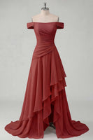 Load image into Gallery viewer, A Line Ruched Off the Shoulder Butter Yellow Ruffled Prom Dress with Slit