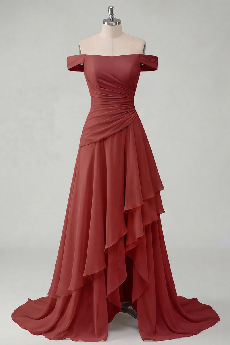 Load image into Gallery viewer, A Line Ruched Off the Shoulder Butter Yellow Ruffled Prom Dress with Slit