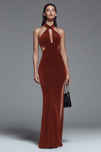 Dark Green Cut Out Mermaid Velvet Long Holiday Party Dress with Slit