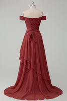 Load image into Gallery viewer, A Line Ruched Off the Shoulder Butter Yellow Ruffled Prom Dress with Slit