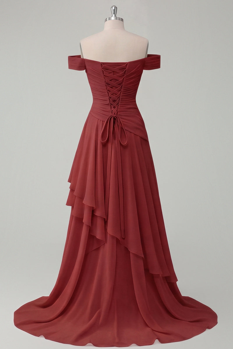 Load image into Gallery viewer, A Line Ruched Off the Shoulder Butter Yellow Ruffled Prom Dress with Slit