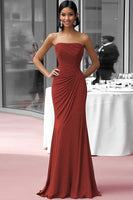 Load image into Gallery viewer, Coffee Strapless Sheath Ruched Floor Length Gala Dress
