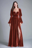 Load image into Gallery viewer, Burgundy A-Line Puff Sleeves Velvet Long Holiday Party Dress with Slit